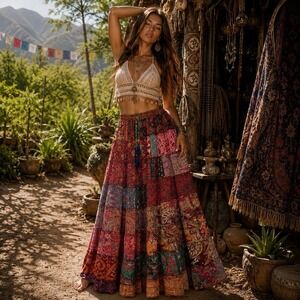 Boho Patchwork Skirt Silk Bld Handmade Maxi Festival Hippie One Size Paisley